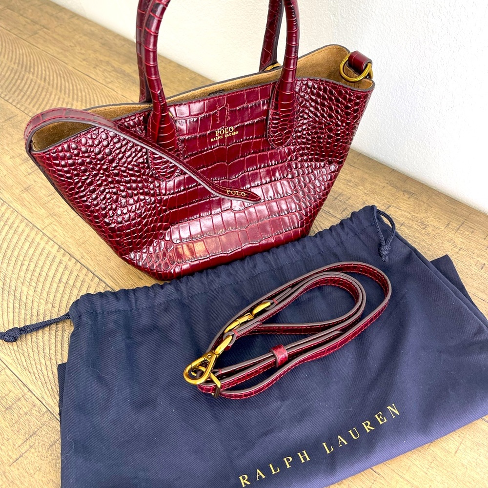 Polo Ralph Lauren Burguny Mini Bellport Embossed Tote w/ Dust Cover Handbag
